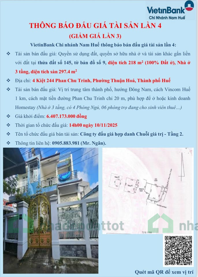 BÁN ĐẤU GIÁ NHÀ 3 TẦNG SIÊU VIP – KIỆT 244 PHAN CHU TRINH – TRUNG TÂM TP. HUẾ - 6 TỶ 4