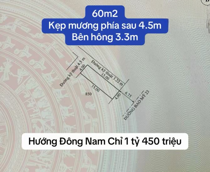 Siêu Phẩm Đất 60m² Kẹp Mương – 2 Mặt Thoáng – Hướng Đông Nam – Giá Chỉ 1,45 Tỷ